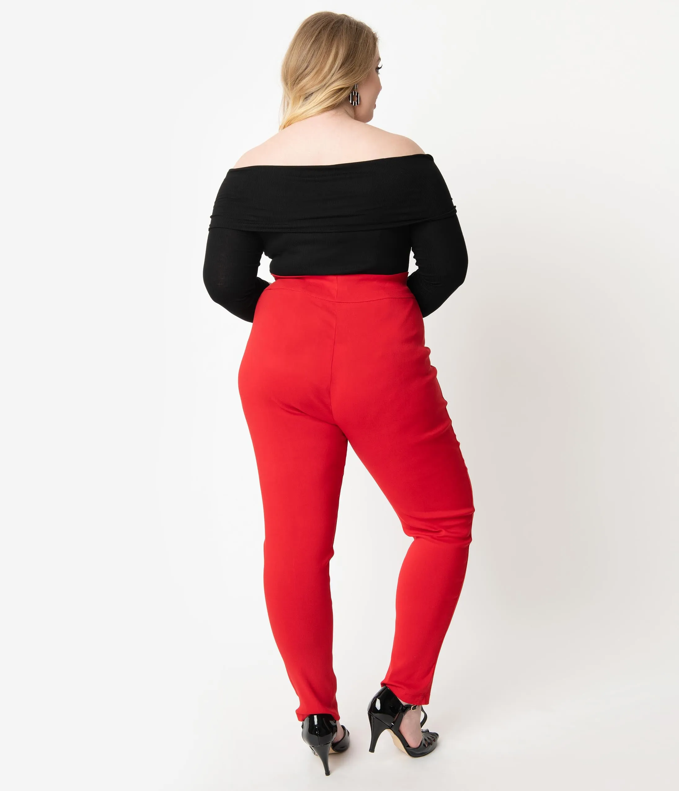 Unique Vintage Plus Size Red Stretch High Waist Rizzo Cigarette Pants