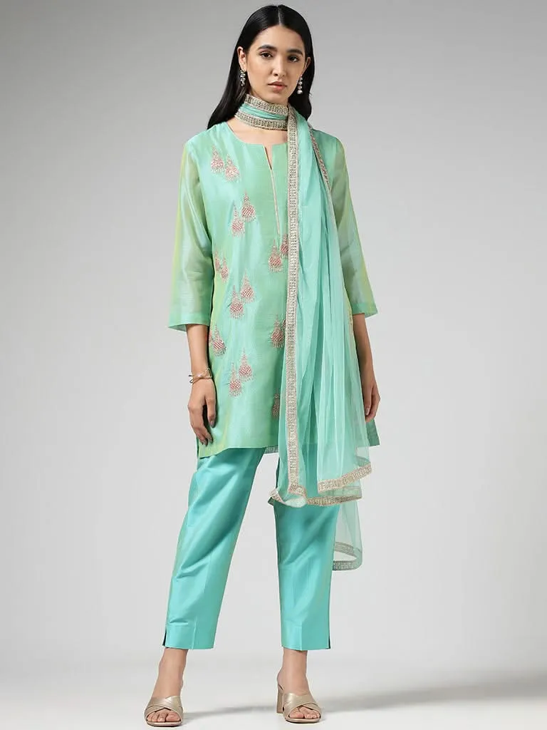 Vark Jumkha Embroidered Light Blue Kurta with Pants & Dupatta