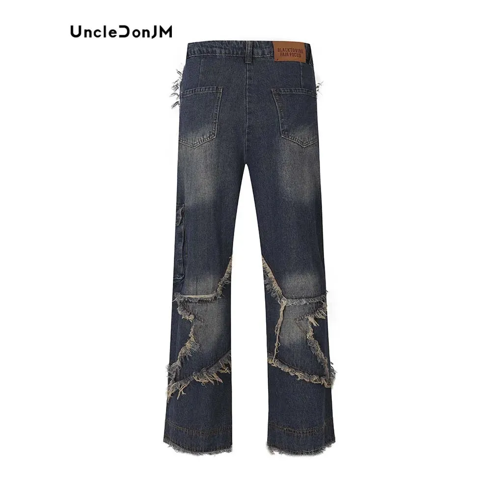 Vintage Baggy Jeans Star Patchwork Loose Straight Denim Pants - Men Streetwear