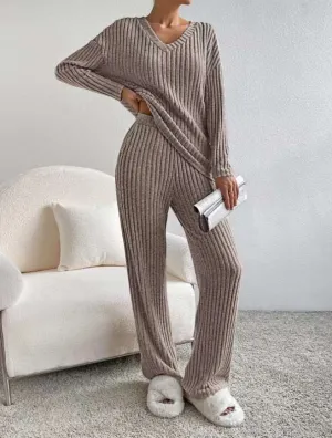 Women's Knitted Straight Leg Pants and Loose V-neck Shirt Two-Piece Outfit Set