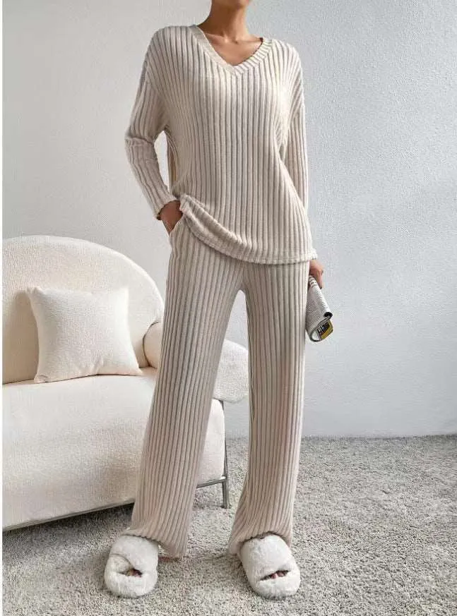 Women's Knitted Straight Leg Pants and Loose V-neck Shirt Two-Piece Outfit Set