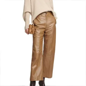 Women's Real Lambskin Leather Beige Pants Wide-Leg Trousers Pants