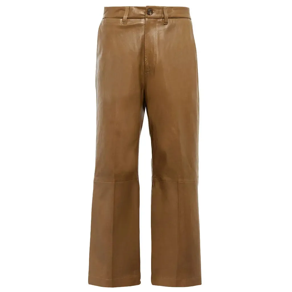 Women's Real Lambskin Leather Beige Pants Wide-Leg Trousers Pants