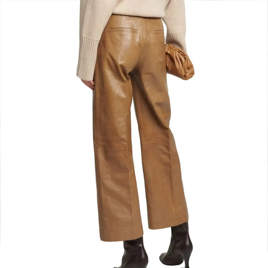 Women's Real Lambskin Leather Beige Pants Wide-Leg Trousers Pants