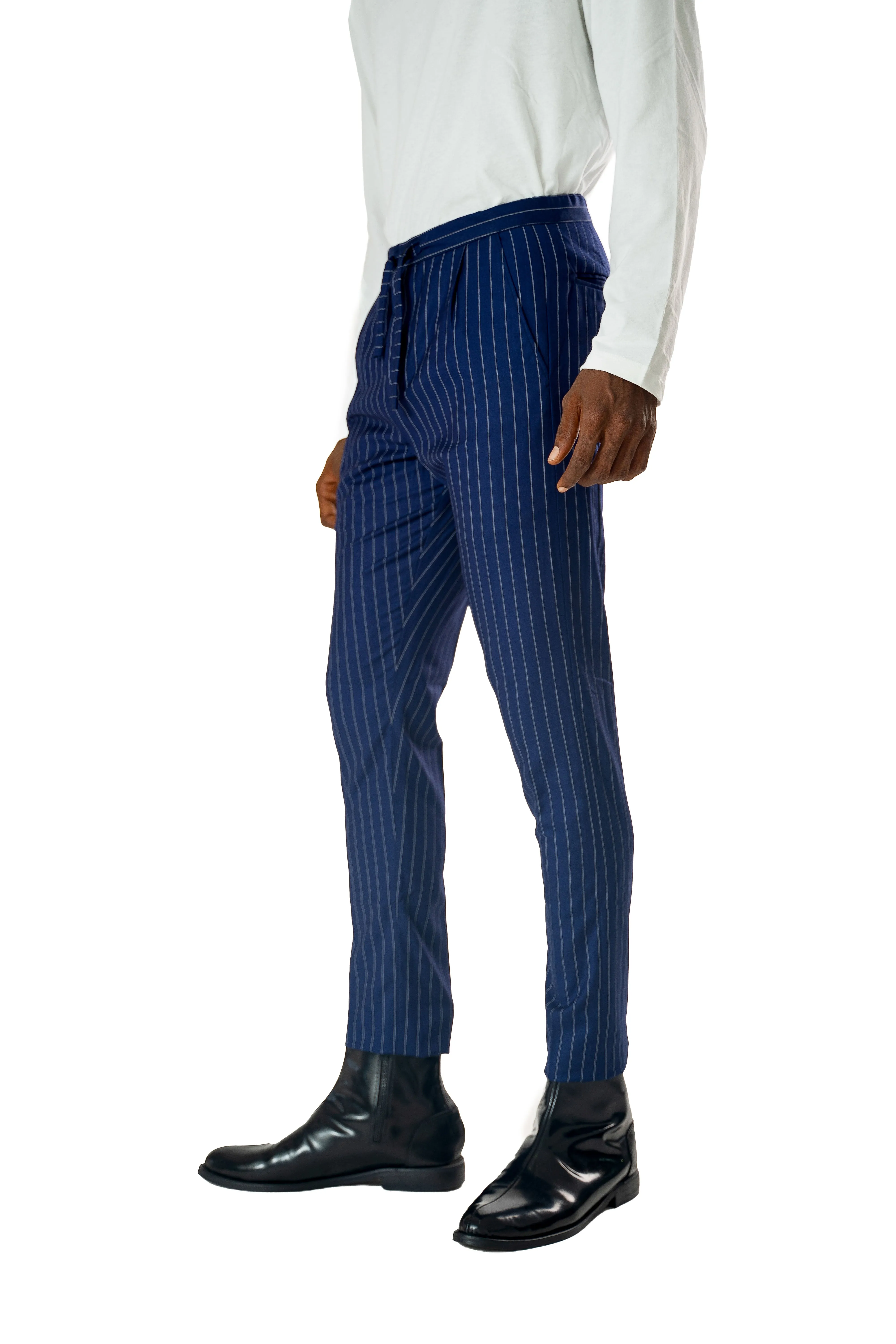 Wool Drawstring Pants in Blue Pinstripe